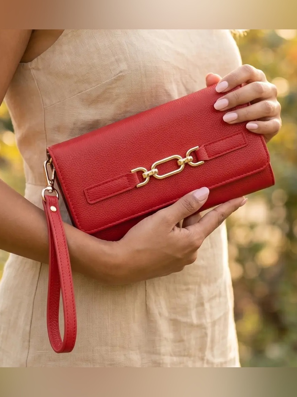 NWT Red Faux Leather Wristlet Clutch with Gold Hardware